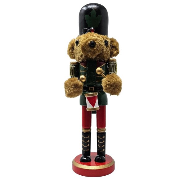 Brown Teddy Bear Dummer Christmas Wood 10" Nutcracker - Picture 1 of 4